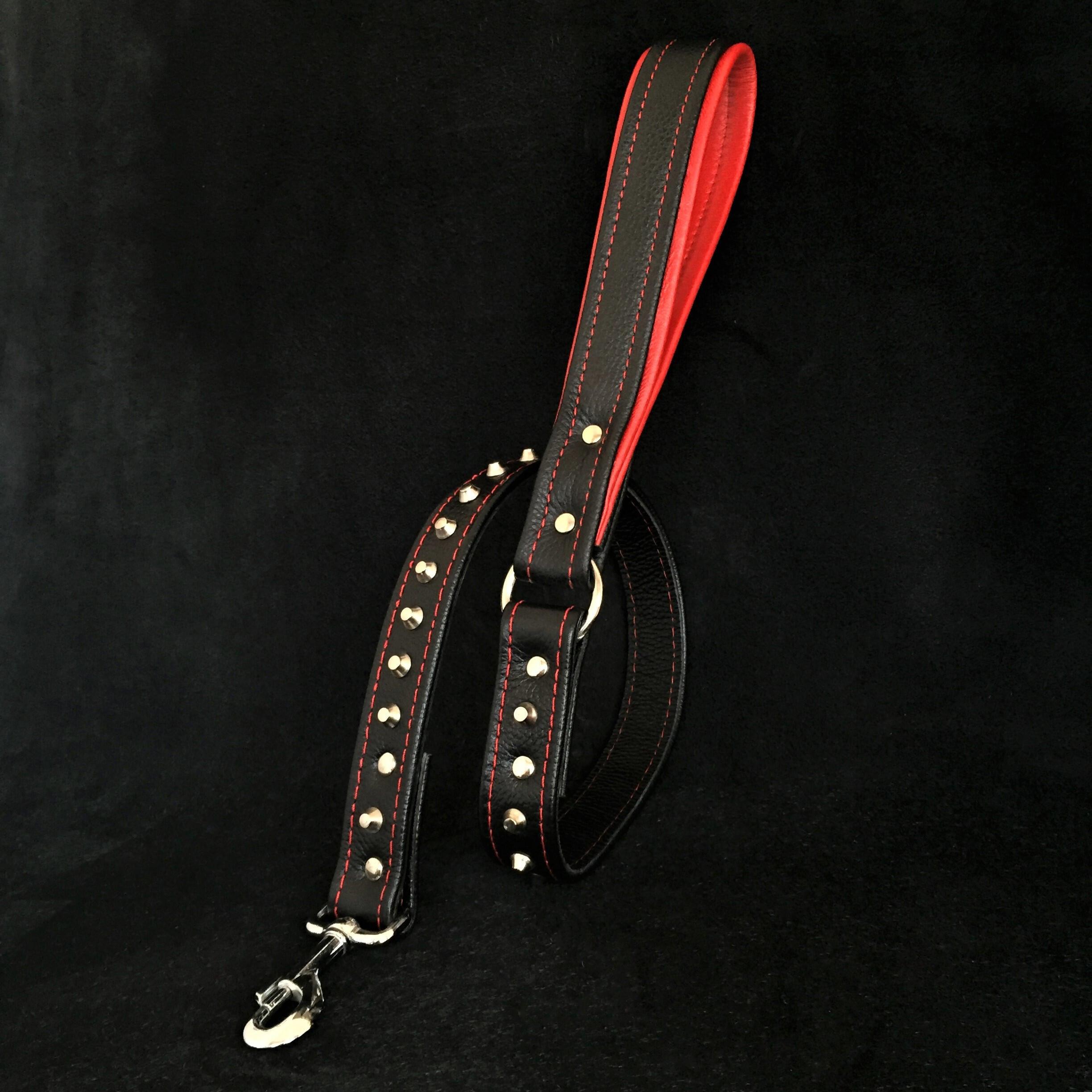 Bestia Soft Leather Studded Dog Leash – Black & Red
