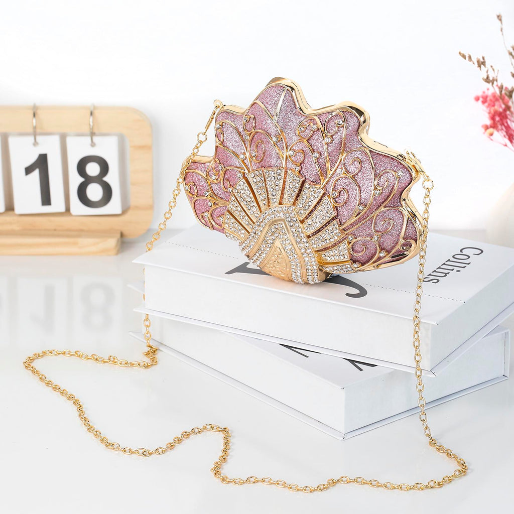 Shell-Shaped Rhinestone Evening Clutch – Luxury Hard-Shell Handbag for Weddings & Galas