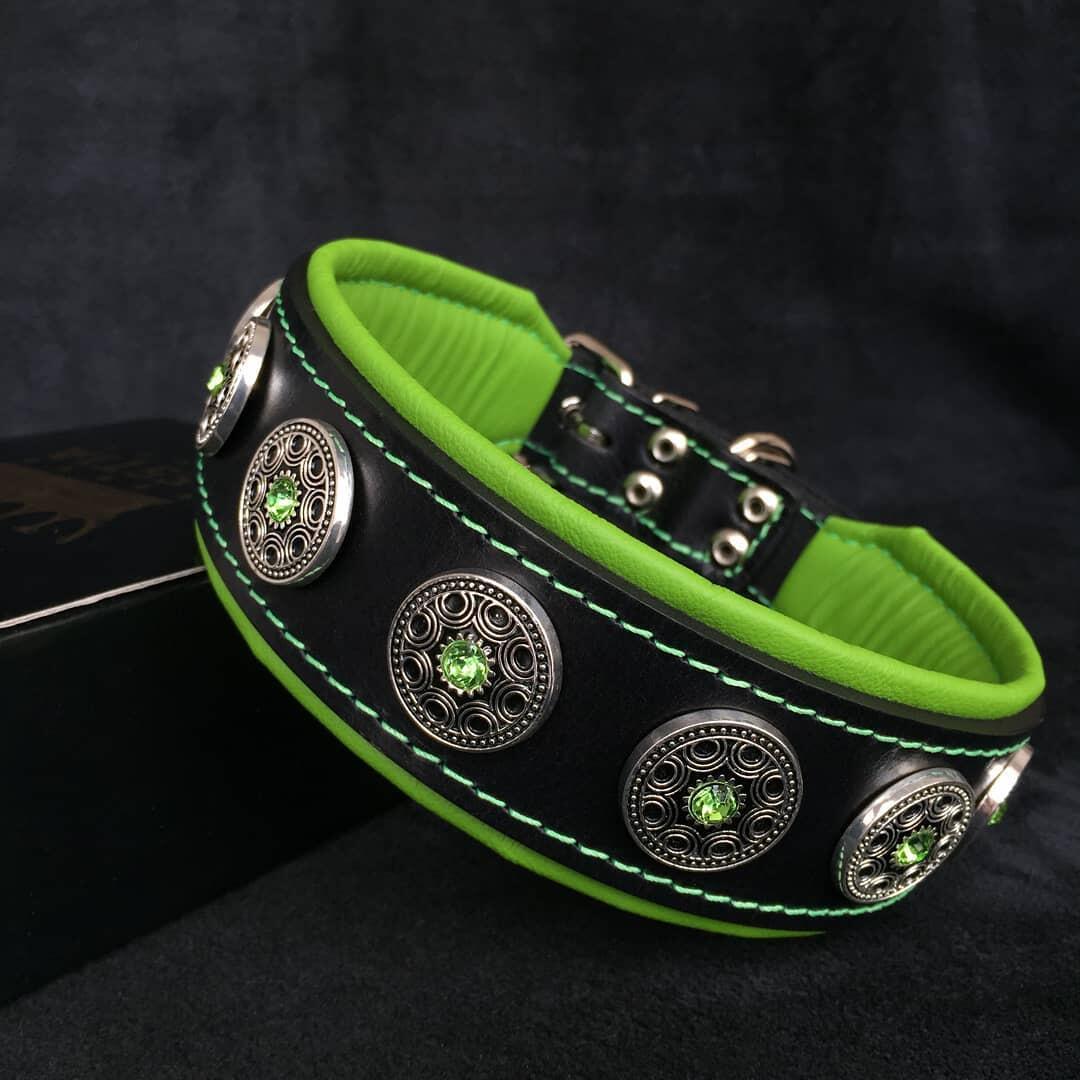 Bestia Bijou Leather Dog Collar – Black & Green