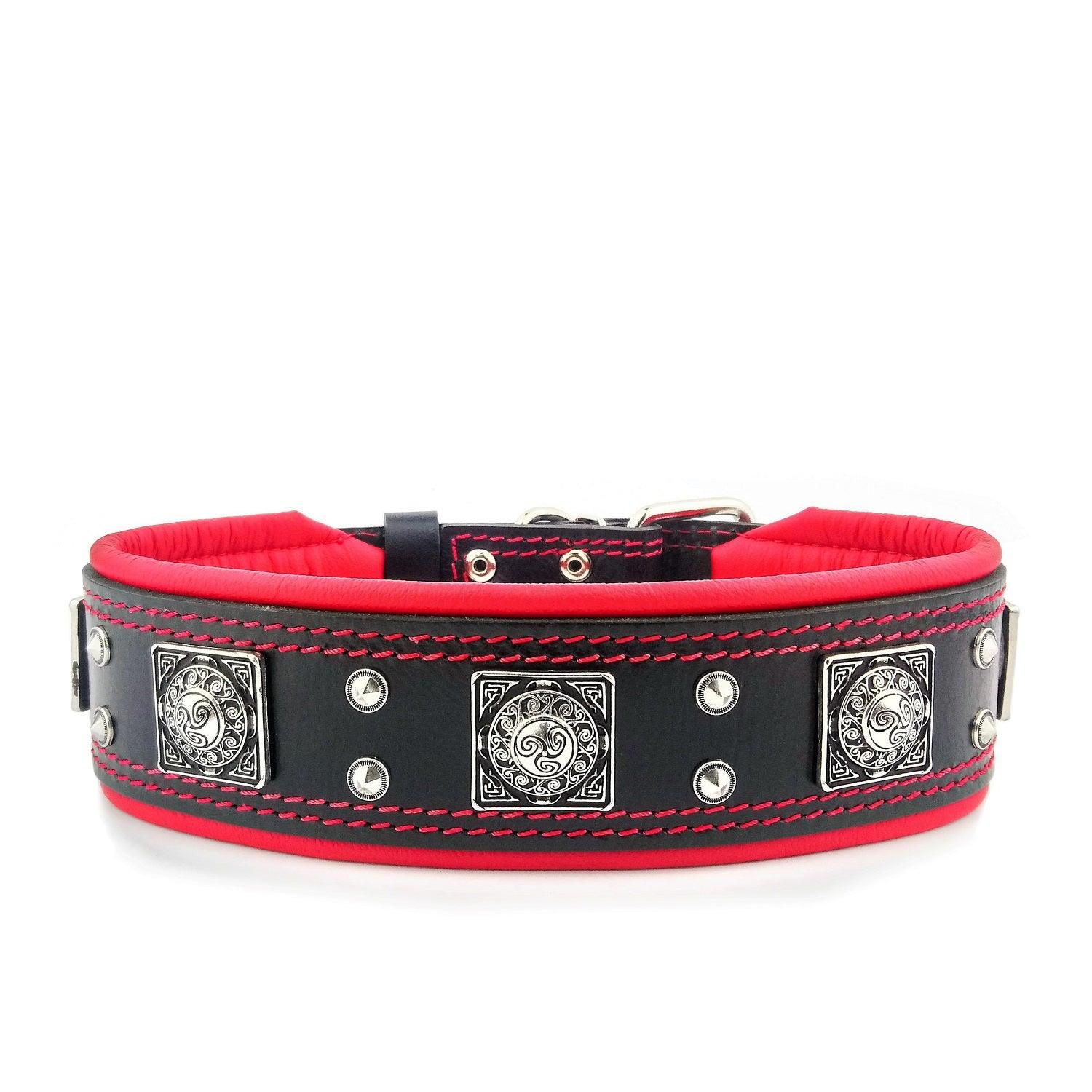 Bestia Eros Wide Leather Dog Collar – Black & Red, 2.5 in