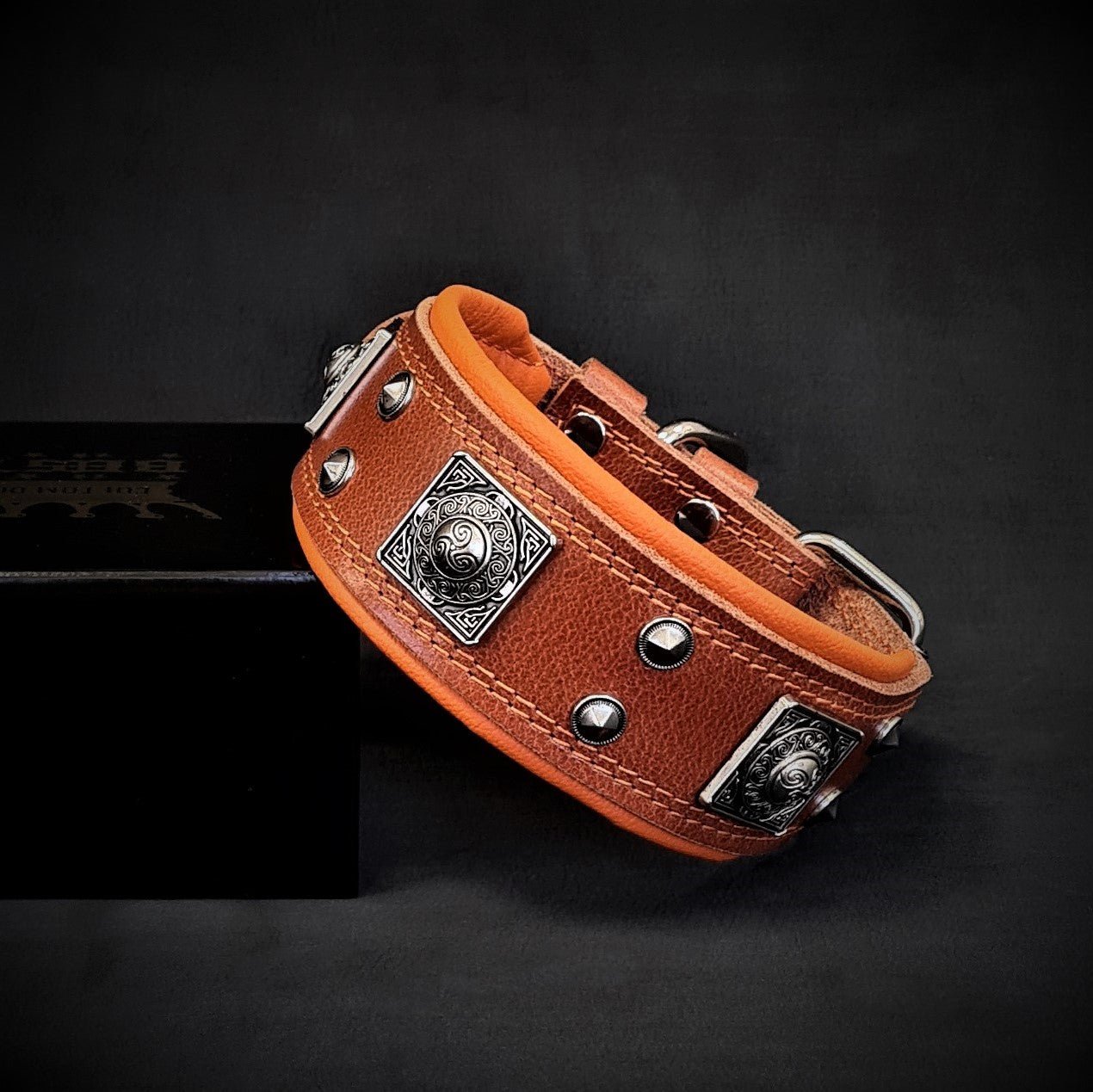 Bestia Eros Leather Dog Collar – Brown & Orange, 2 in